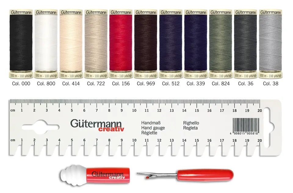 Gütermann Trådset 11 rullar + Mätsticka & Sprättare - Knappnålen